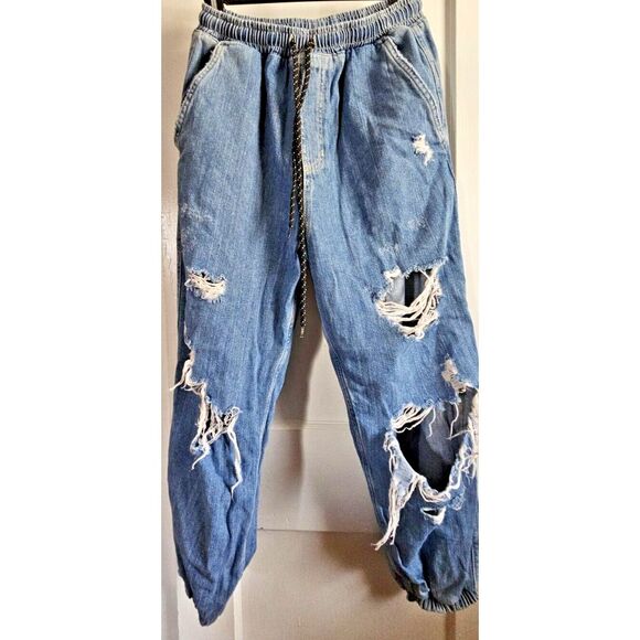 Free People Womens Sloane Destructed Denim High Rise Jogger‎ Jeans Sz Small Blue - Picture 1 of 15